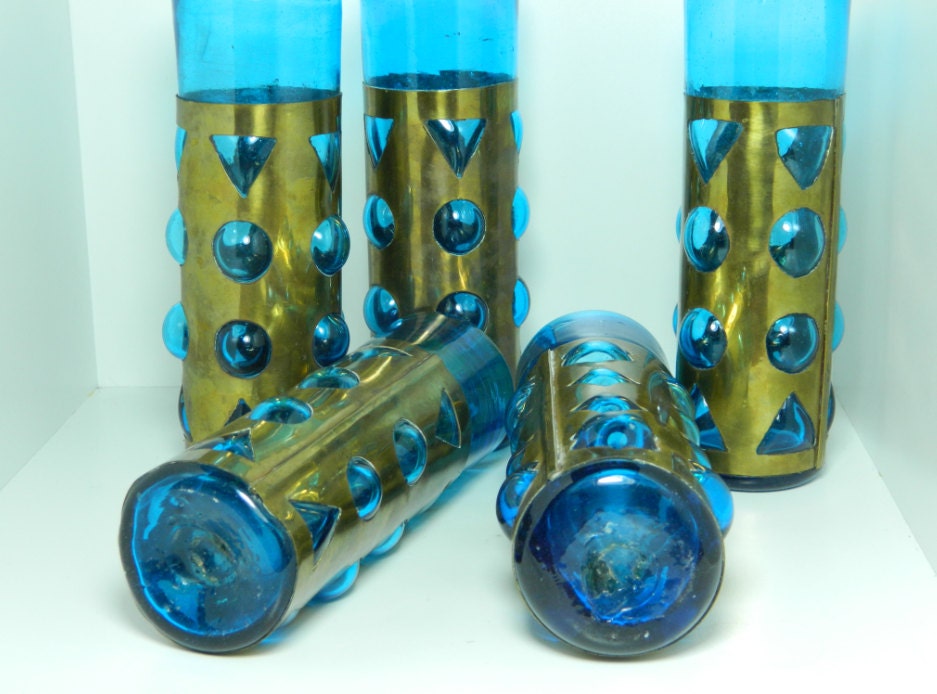 Vintage Hand Blown Glass & Brass Iced Tea Tumblers