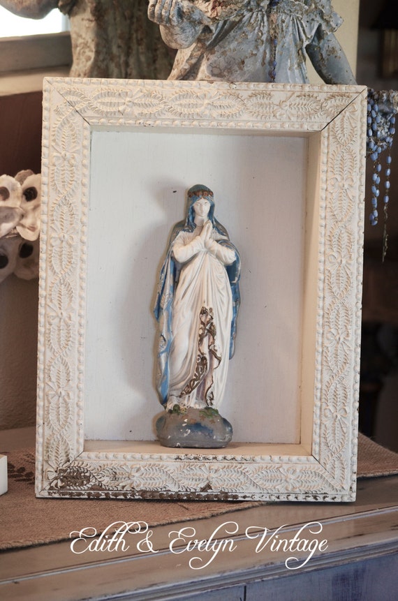 Antique French Virgin Mary Shrine Statue in Wood by edithandevelyn