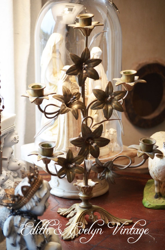 Antique French Altar Candelabra Floral Church Candle Holder