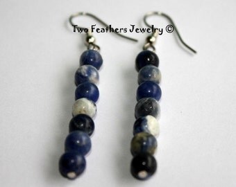 Sodalite Earrings - Beaded Earrings - Blue Stone Earrings - Natural Stone - Gift For Her - Gift Under 20 - Denim Blue - Dangle Earrings
