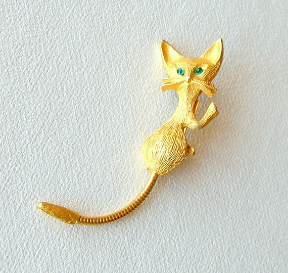 Vintage Kitty Cat Pin Brooch Green Rhinestone Eyes & Movable