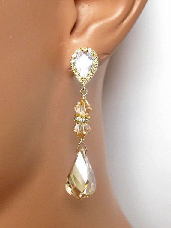 Bridal Earrings. Golden Shadow Champagne CZ. Bridal Jewelry.