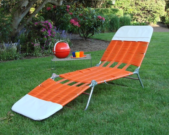 Vintage Mod Orange and White Chaise Lounge Lawn Chair