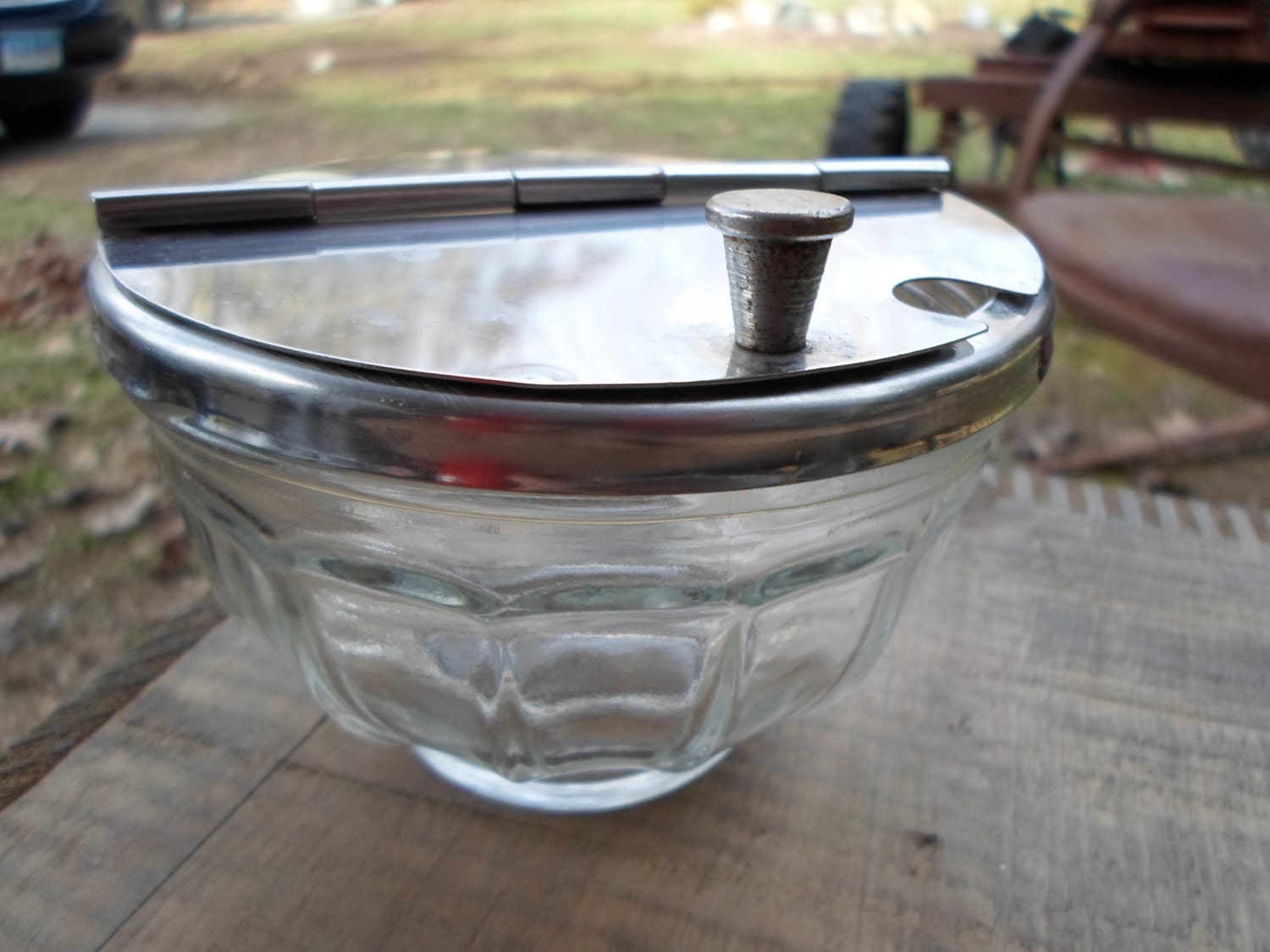 Vintage Clear Glass Sugar Bowl With Stainless Steel Lid 1950s