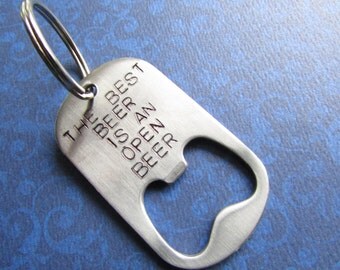 Personalized Bottle Opener Keychain- Hand Stamped Steel Dog Tag
