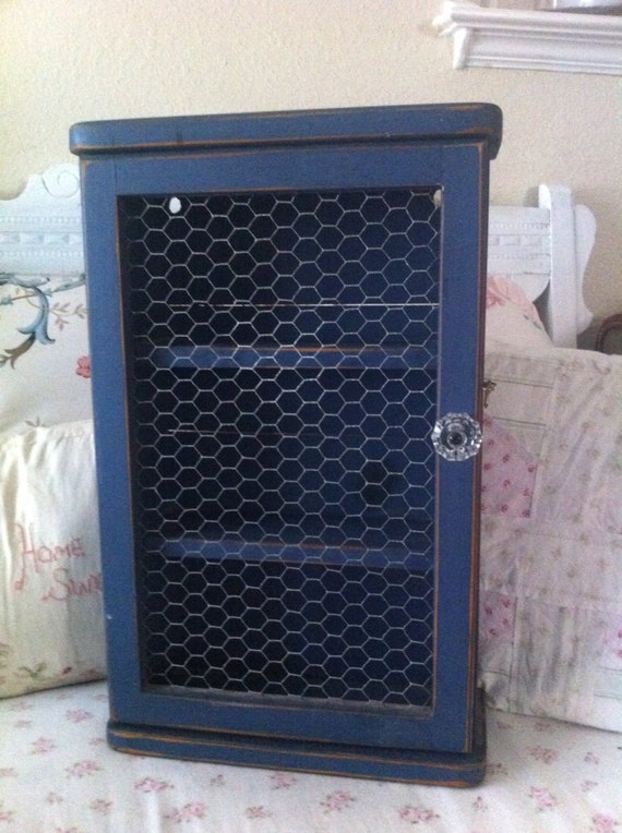 Vintage Small Cabinet Chicken Wire Door French Blue Shabby