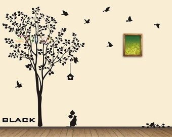 Tree Wall Decal Nursery Wall Decal Birds Cat Wall Sticker Large Tree Wall Decal