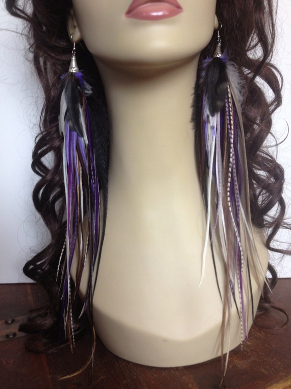 Unique Very Long Grizzly Feather Earrings Purple Nights