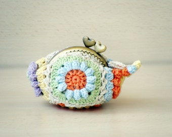 Flowers Kiss lock coin purse crochet pastels granny squares