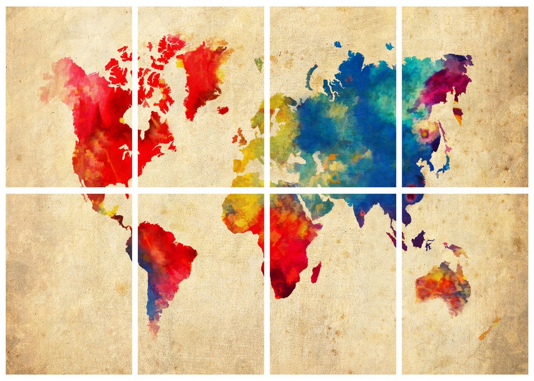 World Map Watercolor Abstract Grunge 8 Panel 11 X