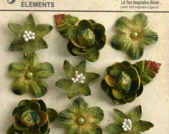 fabric flowers Moss Green Avocado 1" mini blossoms (9pcs) accent flowers applique flowers embellishments small textured flowers 1263-201
