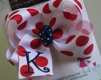Monogrammed Bow- initial bow - July 4th bow - -- white with red polka dots -- red and navy
