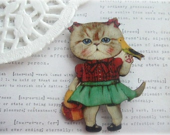 Girl Kitty Cat with Bird Brooch