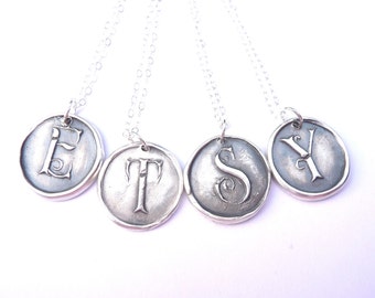 Personalized wax seal necklace hand stamped from fine silver in any letter