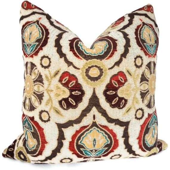 Brown Turquoise Red Suzani Decorative Pillow Cover 20x20
