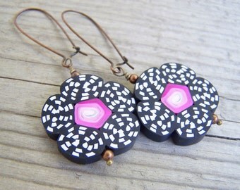Polymer Clay Flower Earrings Black White Pink