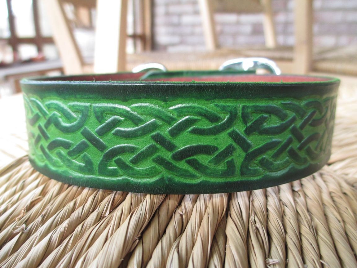 Celtic Leather Dog Collar. 1 1/4 Deep Forest Green