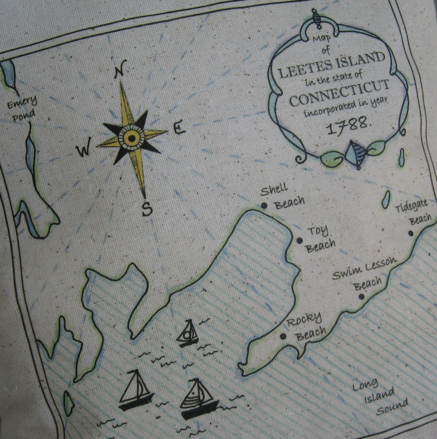 Leetes Island Connecticut Vintage Map Pillow Compass Blue