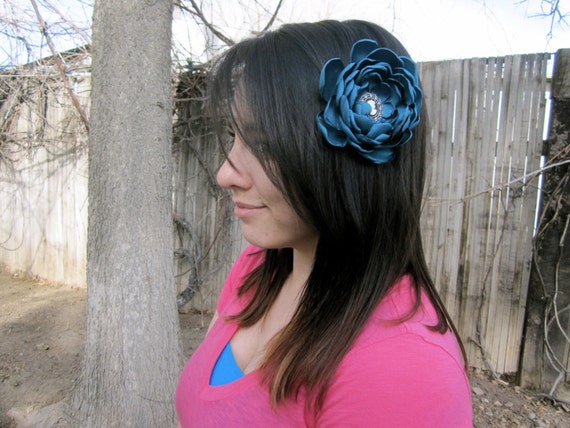 SALE - Dark Teal Petaled Satin Flower Hair Clip with Cameo Center SALE - Dark Teal Petaled Satin Flower Hair Clip with Cameo Center