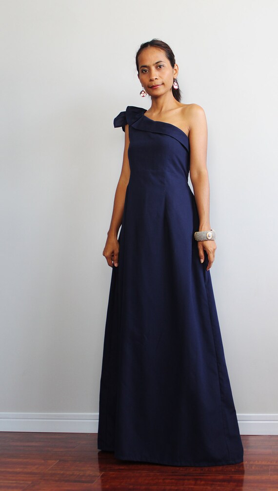  Navy  Blue  Maxi Dress  One  Shoulder  Bridesmaid  Dress  True