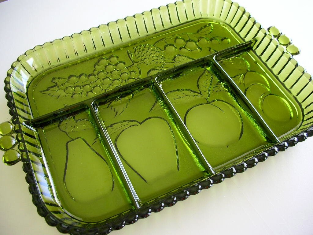 Green Glass Divided Tray Snack Serving Tray Crudite Fruit