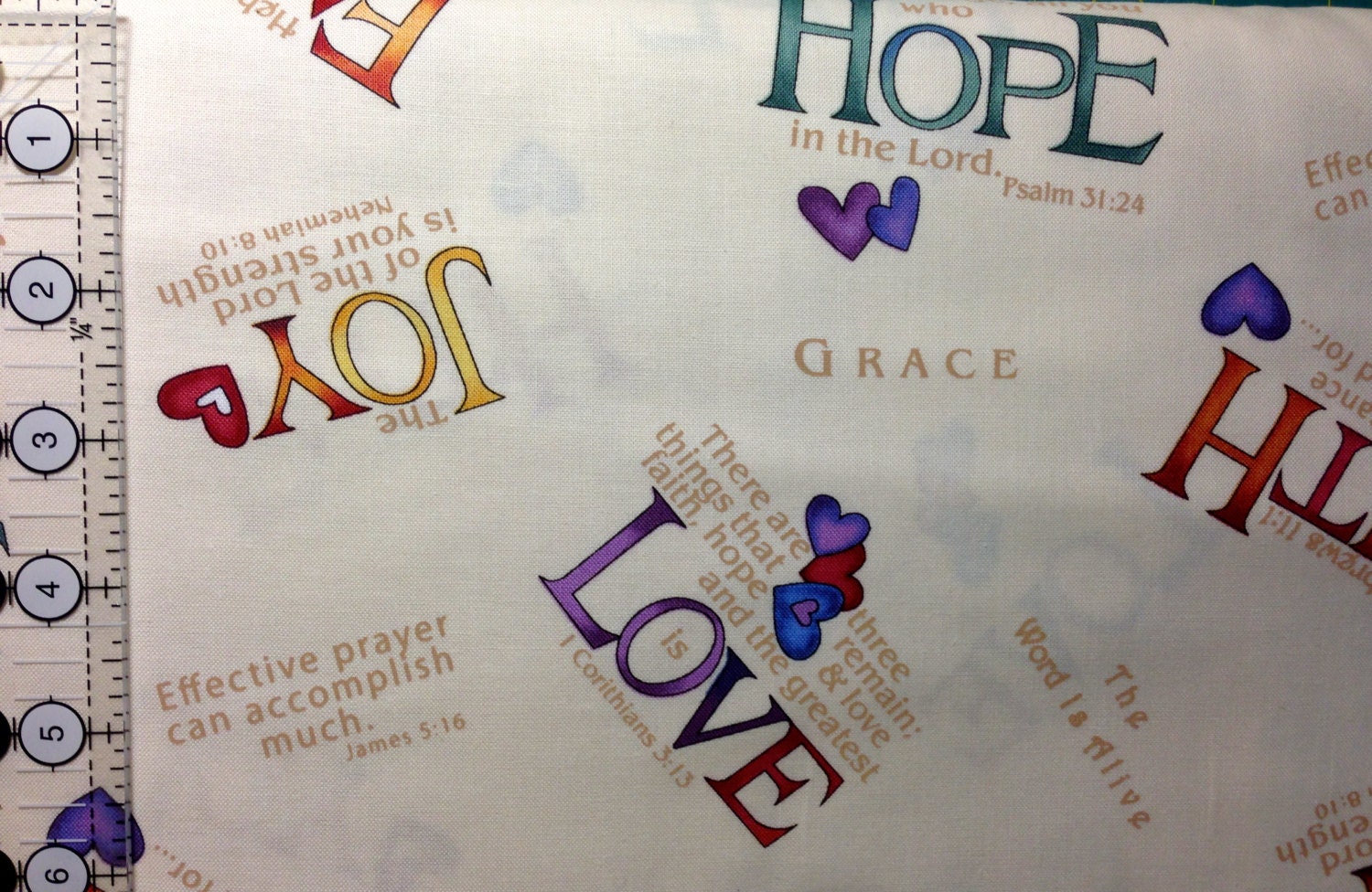 Faith Hope and love fabric by Lloyds & Barton for Timeless