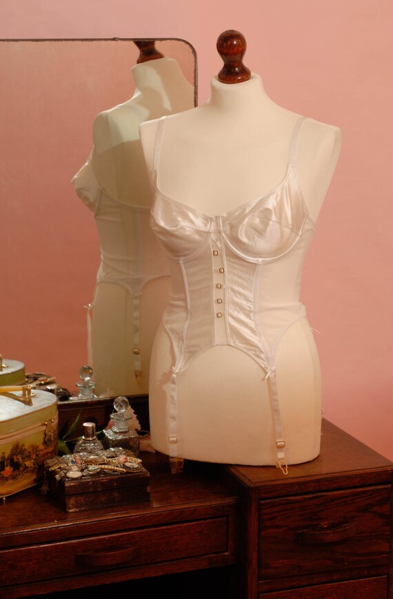 Vintage White Satin Suspender Corset With Gold Buckle Detail