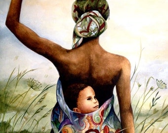 mother with her baby in her back in a field art print