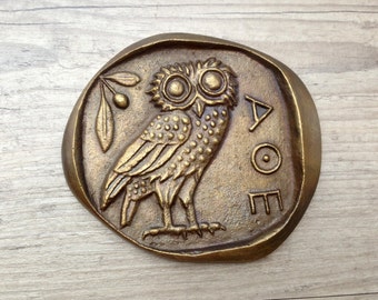 Bronze Paperweight, Greek Owl,Goddess Athena Symbol, Museum Quality Art, Greek Mythology, Ancient Greek Coin Paperweight