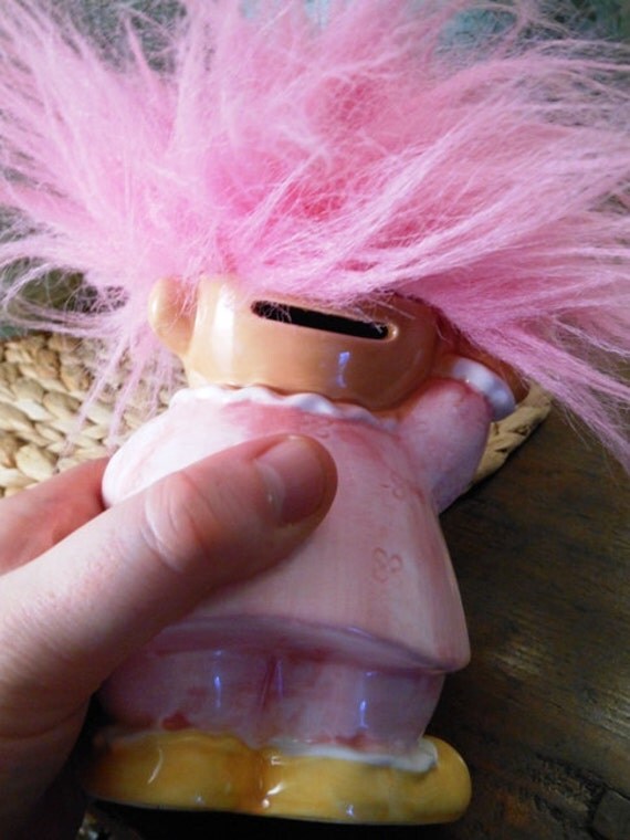 Vintage Troll Doll Ceramic Piggy Bank with Pink Hair Made by