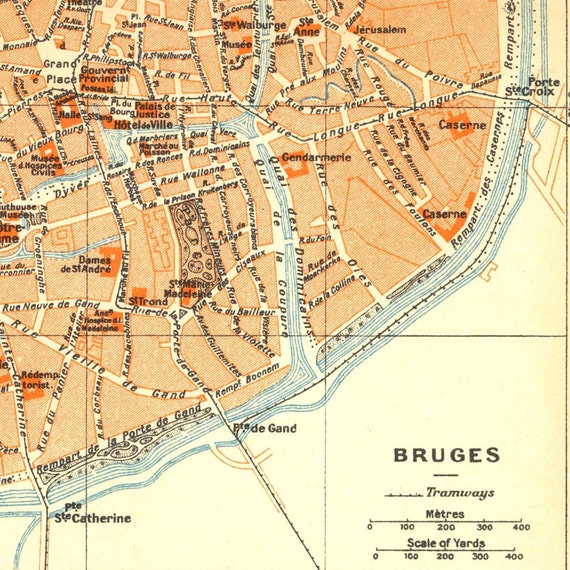 1930 Bruges City Plan Street Map Belgium