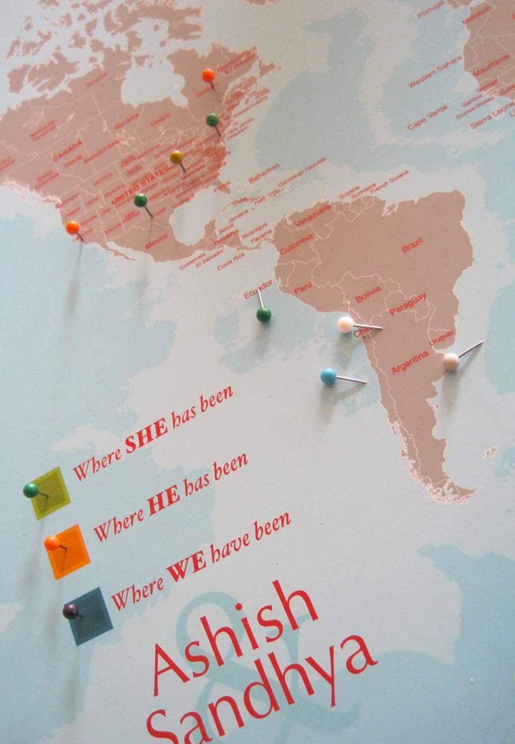 World Map Mounted on Foam Board His and Hers Personal Map