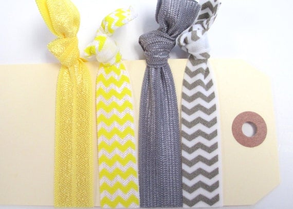 4 hair ties yellow and grey chevron set of 4