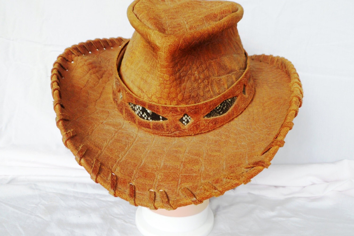 Vintage leather crocodile print cowboy hat with rattlesnake