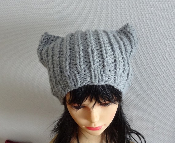 Knit GRAY Hat Cat Ears Hat Cat Beanie Chunky Knit by Ifonka