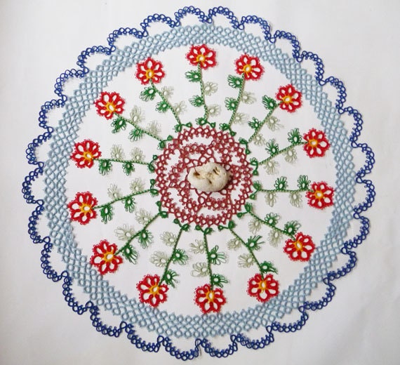Tatting round Doily Stone Garden with Adder stone - gift for her- Housewares - natural talisman - home decor