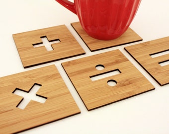 Basic Math Signs Coasters, Set of 5 in Amber Bamboo Wood