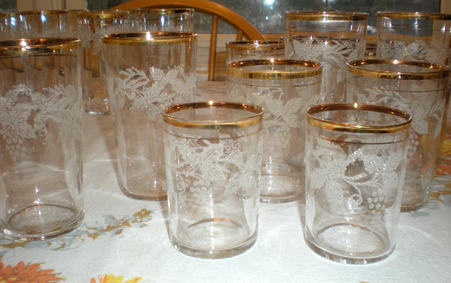 Set of 35 Gold Rimmed Vintage Frosted Drinking Glasses