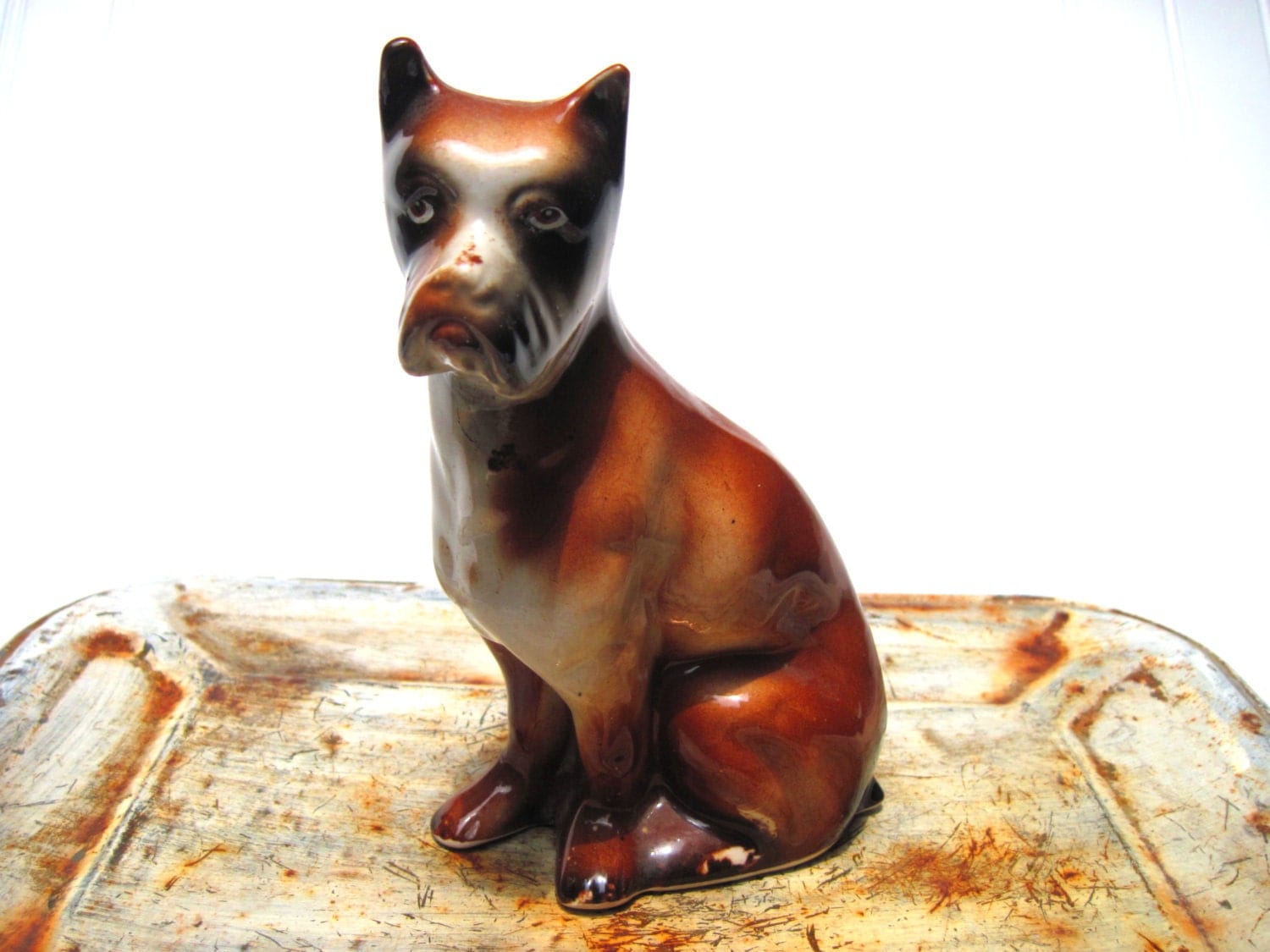 Vintage Boxer dog figurine brown and white