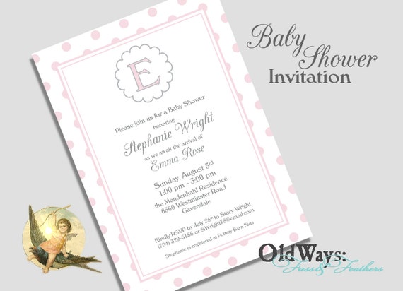 Sweet Classics Pink Baby Girl Shower Invitation Monogram Polka Dot - Printable Custom Invite DIY 5x7 Digital JPEG PDF Files