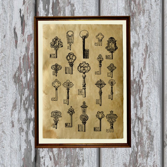 Antique keys art Old paper vintage print Antiqued AK170