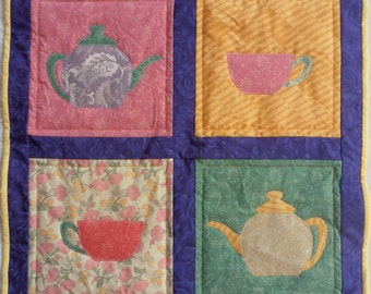 Appliqued Table Topper, Teapots and Teacups Table Topper, Teapots and Teacups Quilt, Quilted Wall Hanging