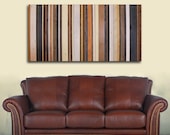 Modern Art Wood Wall Sculpture in Browns, Tan, Navy, Cream and Gray Stripes 24x48"  -Make to Order