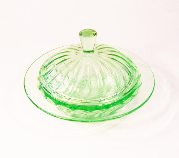 Vintage Green Glass Round Butter dish Swirl Pattern