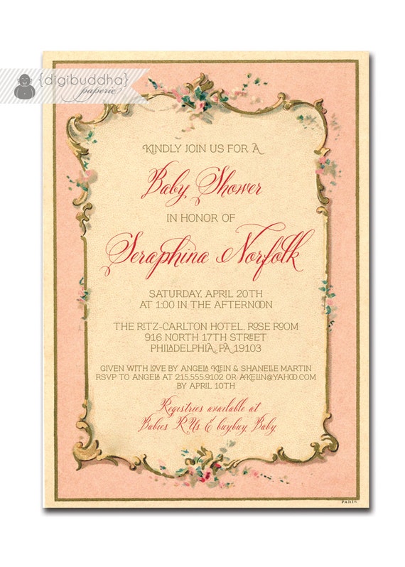 French Baby Shower Invitation Antique Pink Baby Girl Classic Vintage Ephemera Invite FREE PRIORITY SHIPPING or DiY Printable - Seraphina Il_570xn