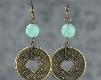 Jade and antique coin hoop earrings Bridesmaids gifts Free US Shipping handmade Anni Designs Handmade.