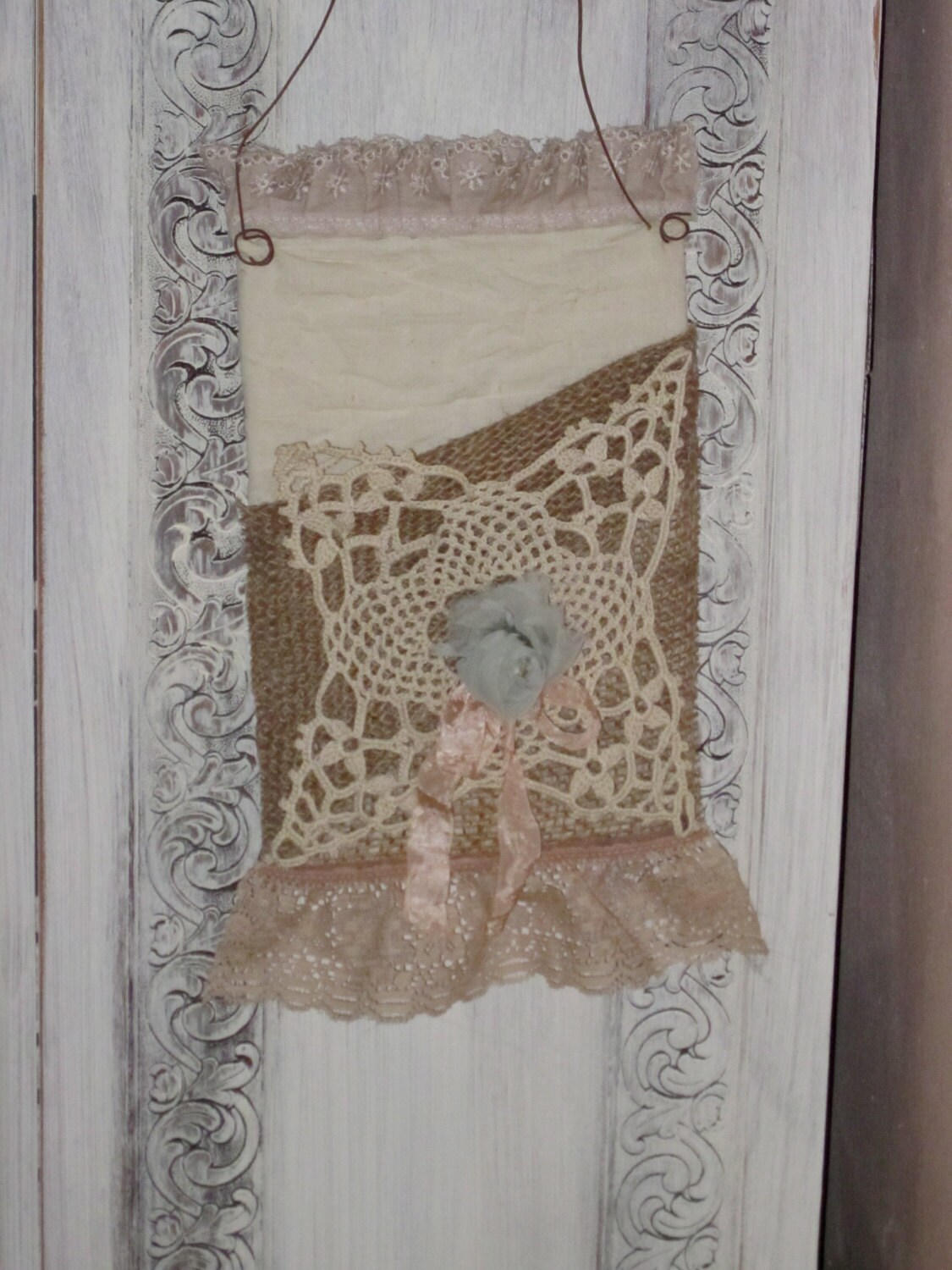 Shabby Chic Burlap and Lace wall pocket Wall Hanging