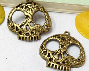 Steampunk Skull Charms -15pcs Antique Bronze Filigree Skull Charm Pendants 24x27mm C404-5