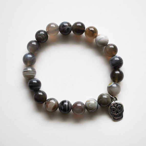 Men's Bracelet Grey Botswana Agate Silver Skull by winkandbauble