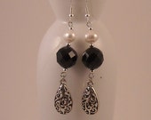 Black Onyx Faceted Beads with Silver Metal Filigree Pendant and Freshwater Cultured Pearls Dangle Earrings